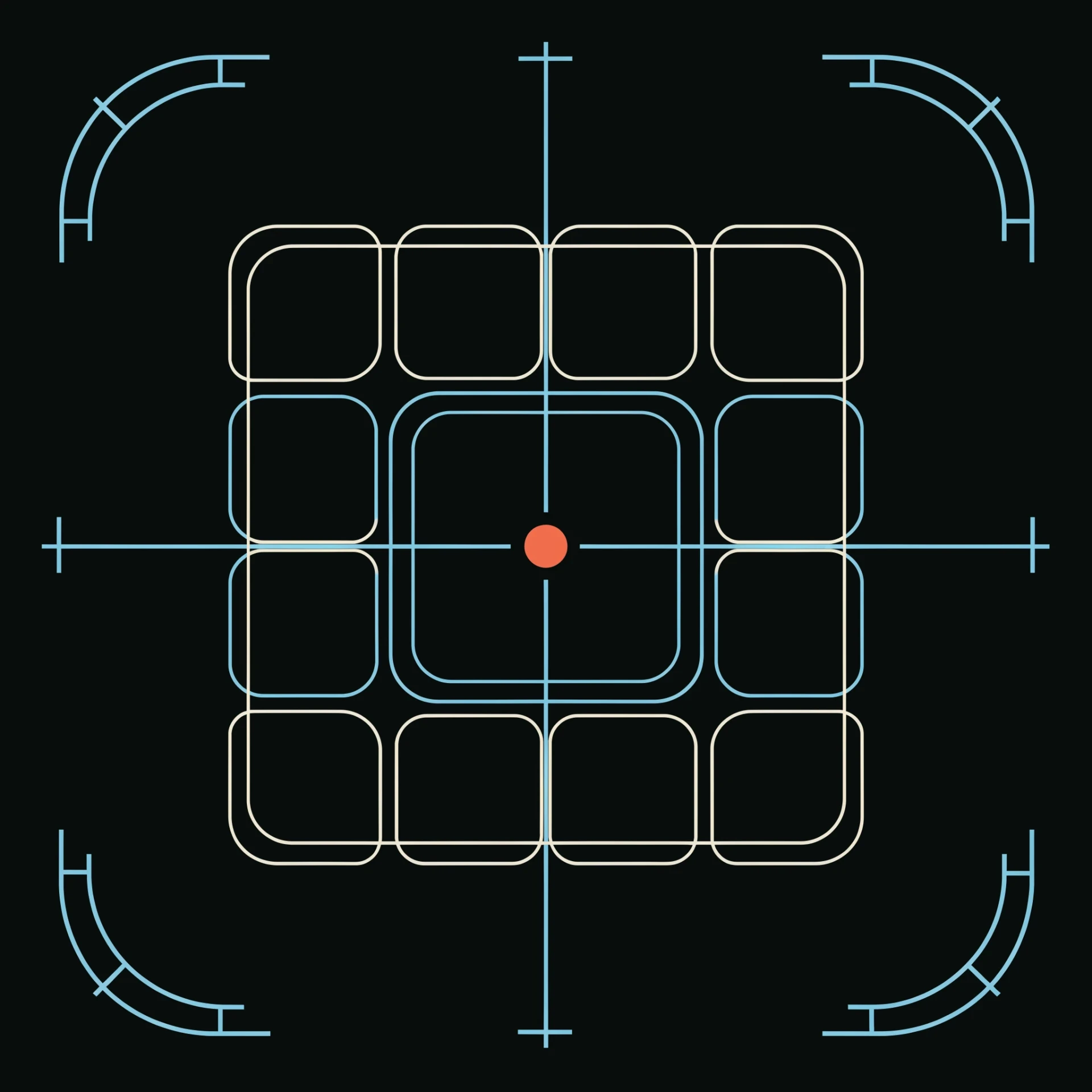A calm empty perspective playmat grid with cyan corner brackets and one dim dormant coral tally dot at center, awaiting the first committed action