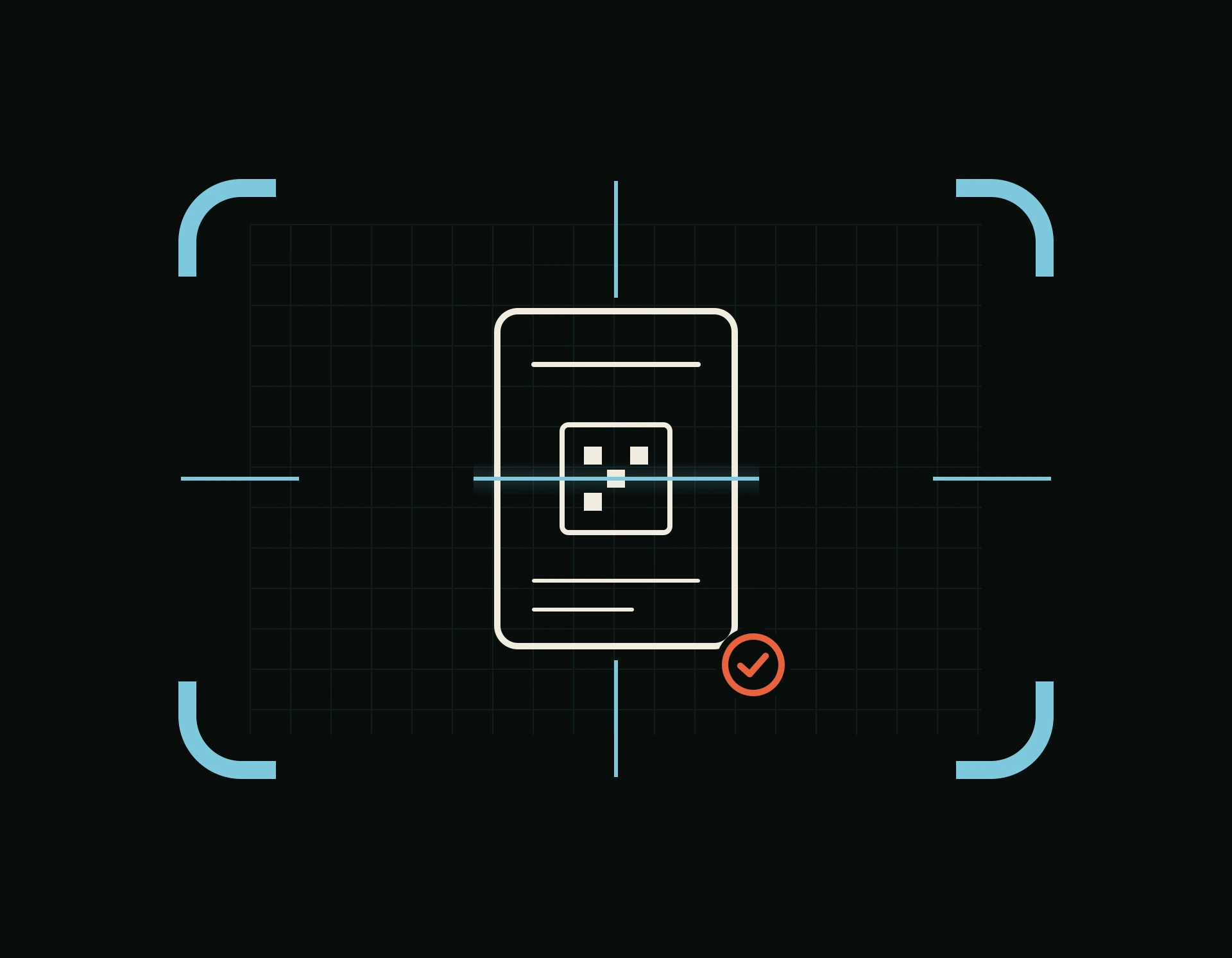 Line-art of a trading card inside a four-corner registration frame with a cyan scan reticle and a single coral operator-confirmed check