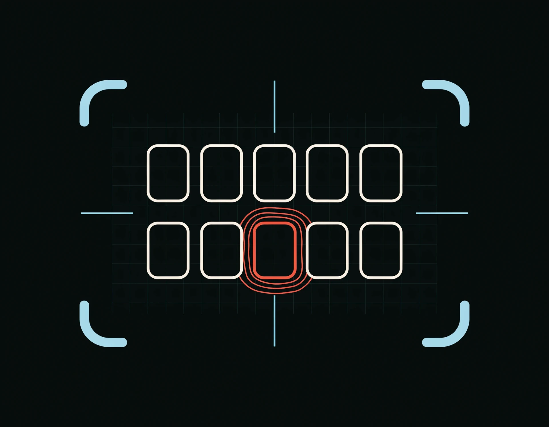 Line-art of a tidy two-row 2D card battlefield with one coral live card and tally pulse inside a cyan reticle frame, the synchronized spectator display