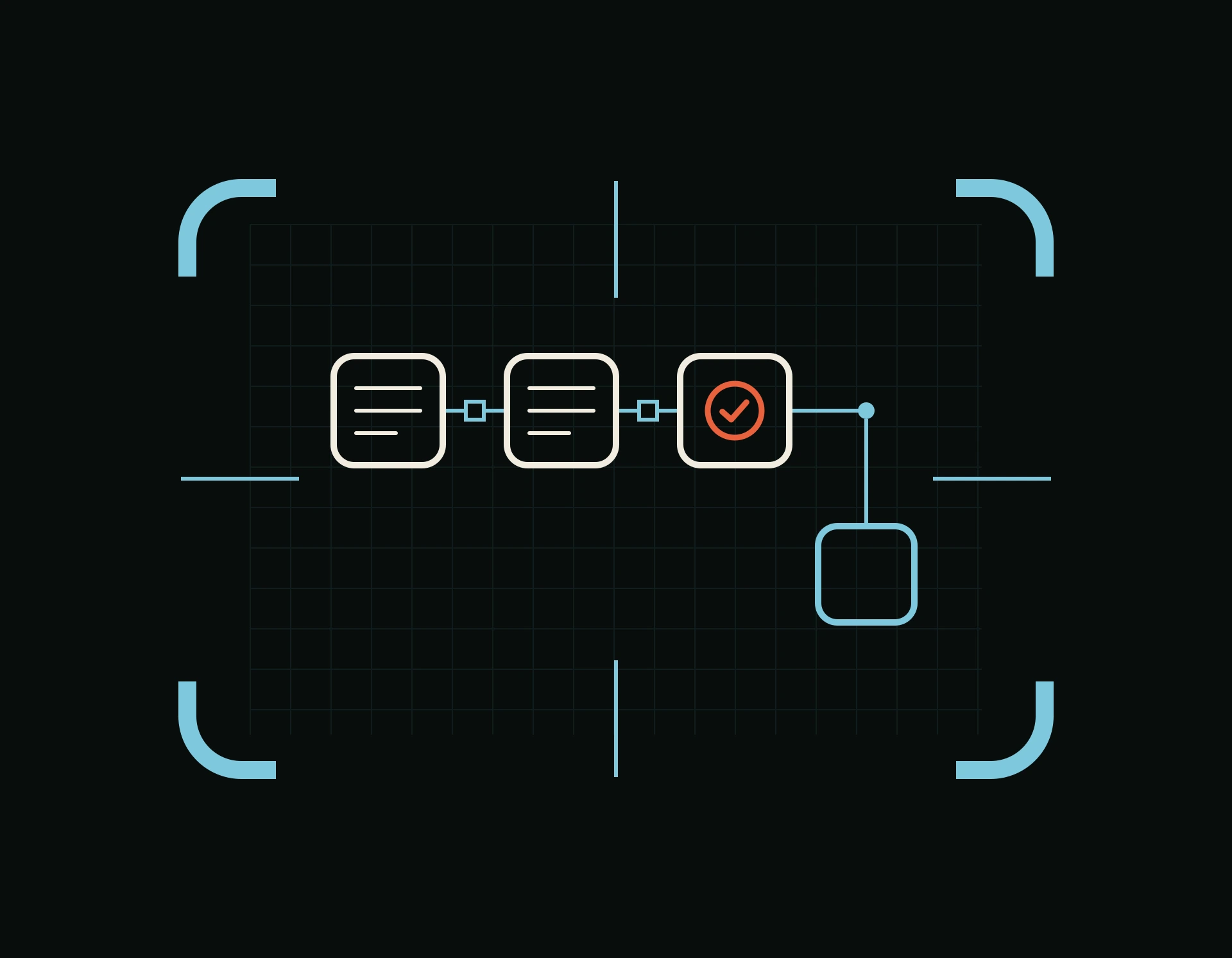 Line-art of a horizontal hash-chain of three data blocks linked in cyan with one coral verified seal and a branch to a new block, verifiable replay and challenge
